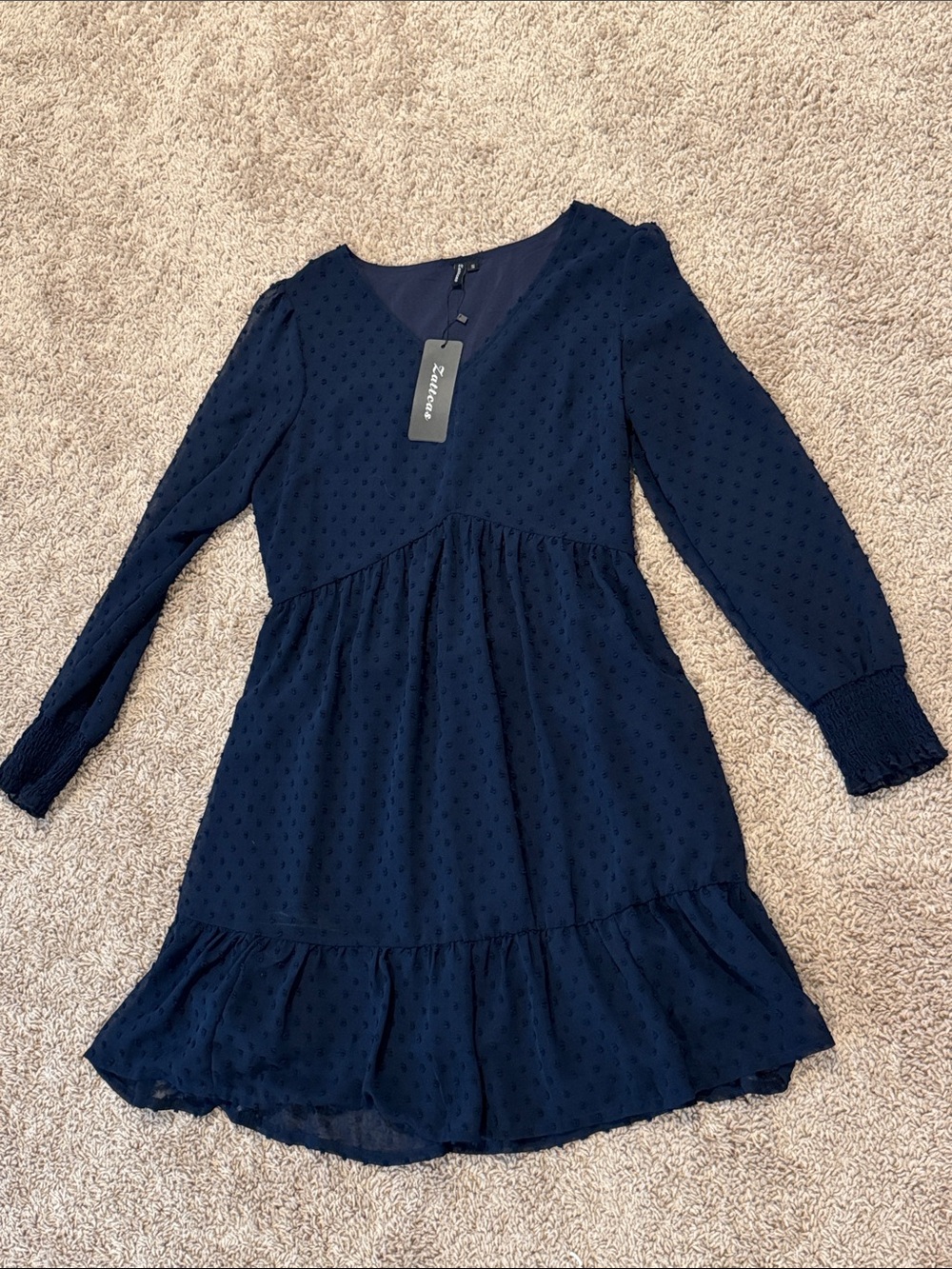 Navy Long Sleeve Swiss Dot Ruffle-Hem Dress
